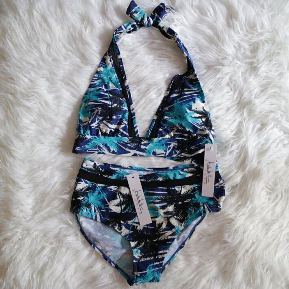 NWT Nicole Miller Bikini Set Size 8 (Medium) Black Blue Tropical Bathing Suit